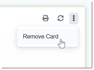 At the top right of Dashboard Cards is a menu. There's a button with three dots you can click on to access a menu about the card. In that menu you will see the option to remove a card.